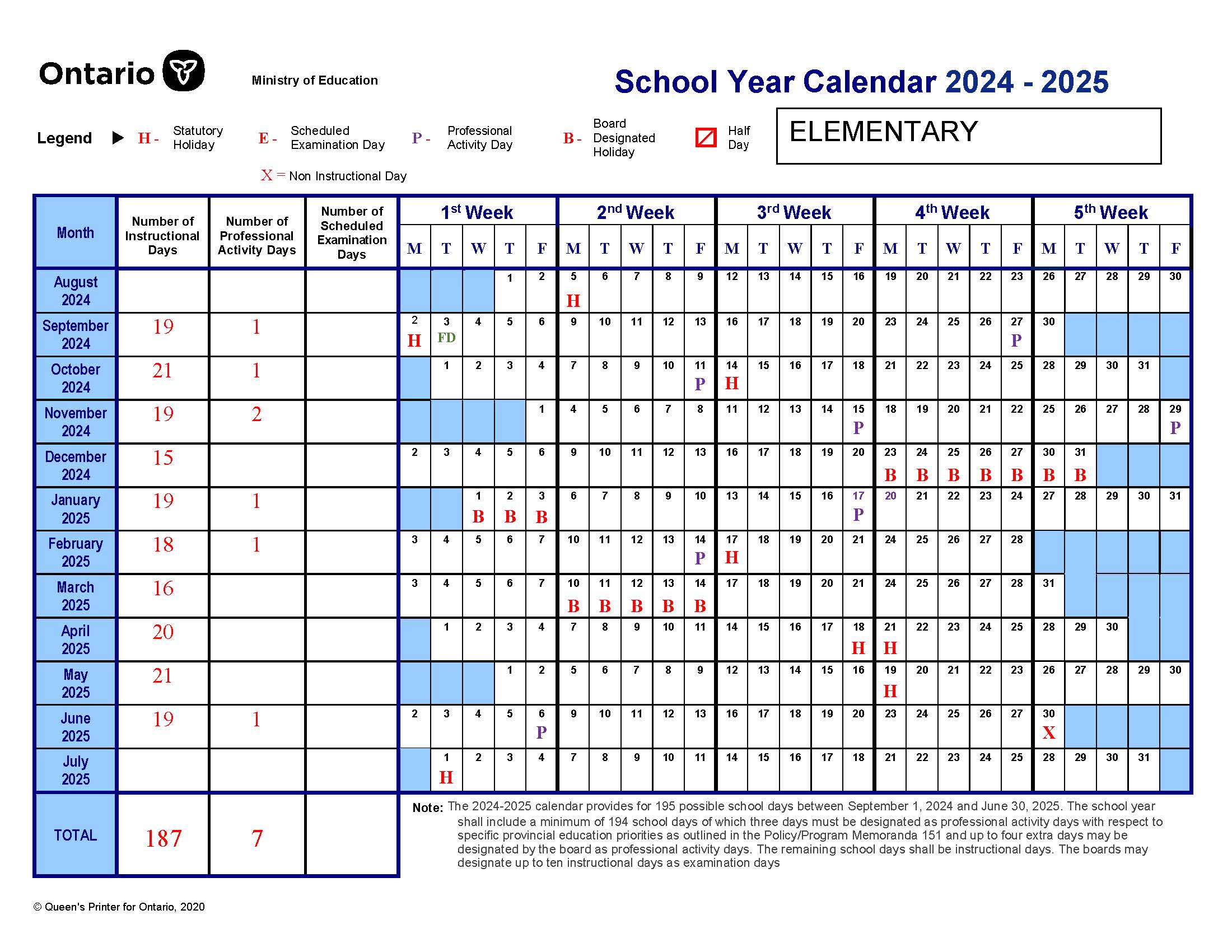 Elementary 2024-25 School Year Calendar